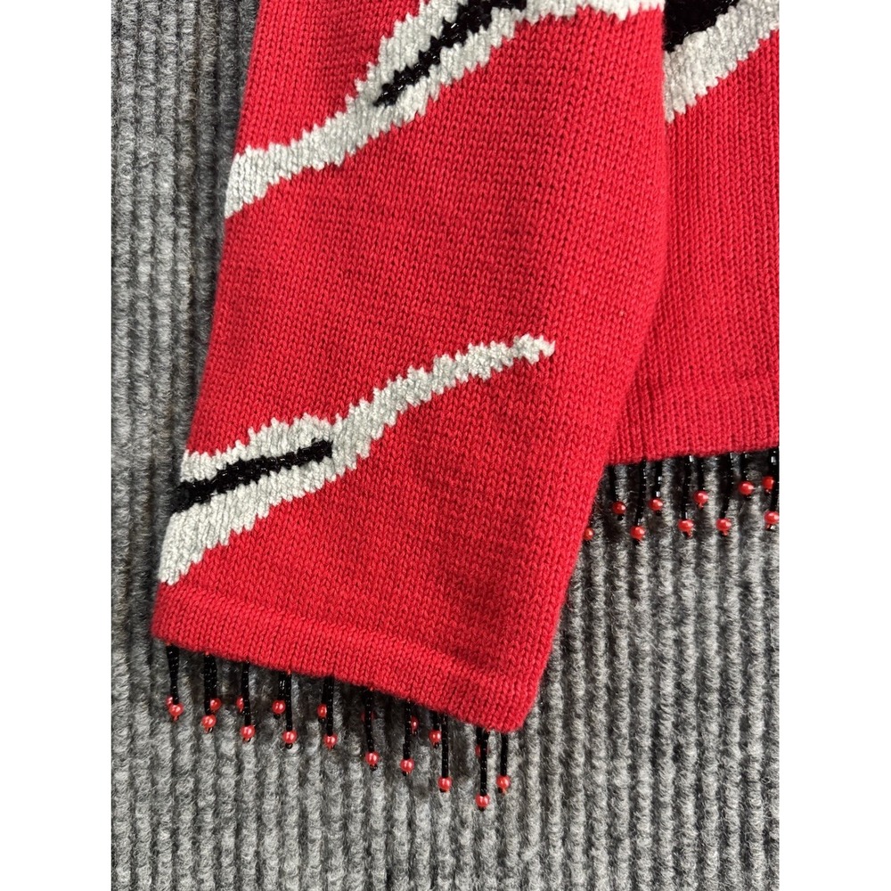 VTG Berek Beaded Fringe Cardigan Sweater XL -Red Black Gray Zebra Stripe NOS NWT - Picture 8 of 16